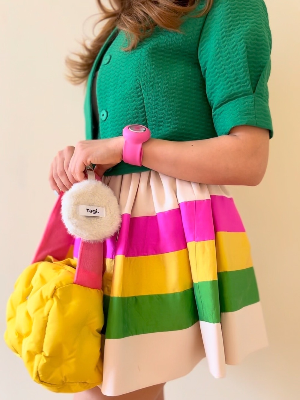 Green Bolero & Multicolor Stripe Dress
